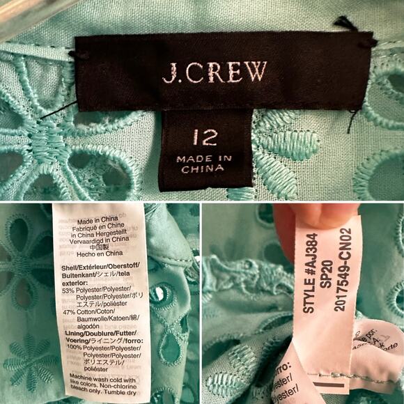 J. Crew Button-Up Shirt Embroidered Eyelet Sz 12 Preppy Coastal Aqua Green - Picture 4 of 4